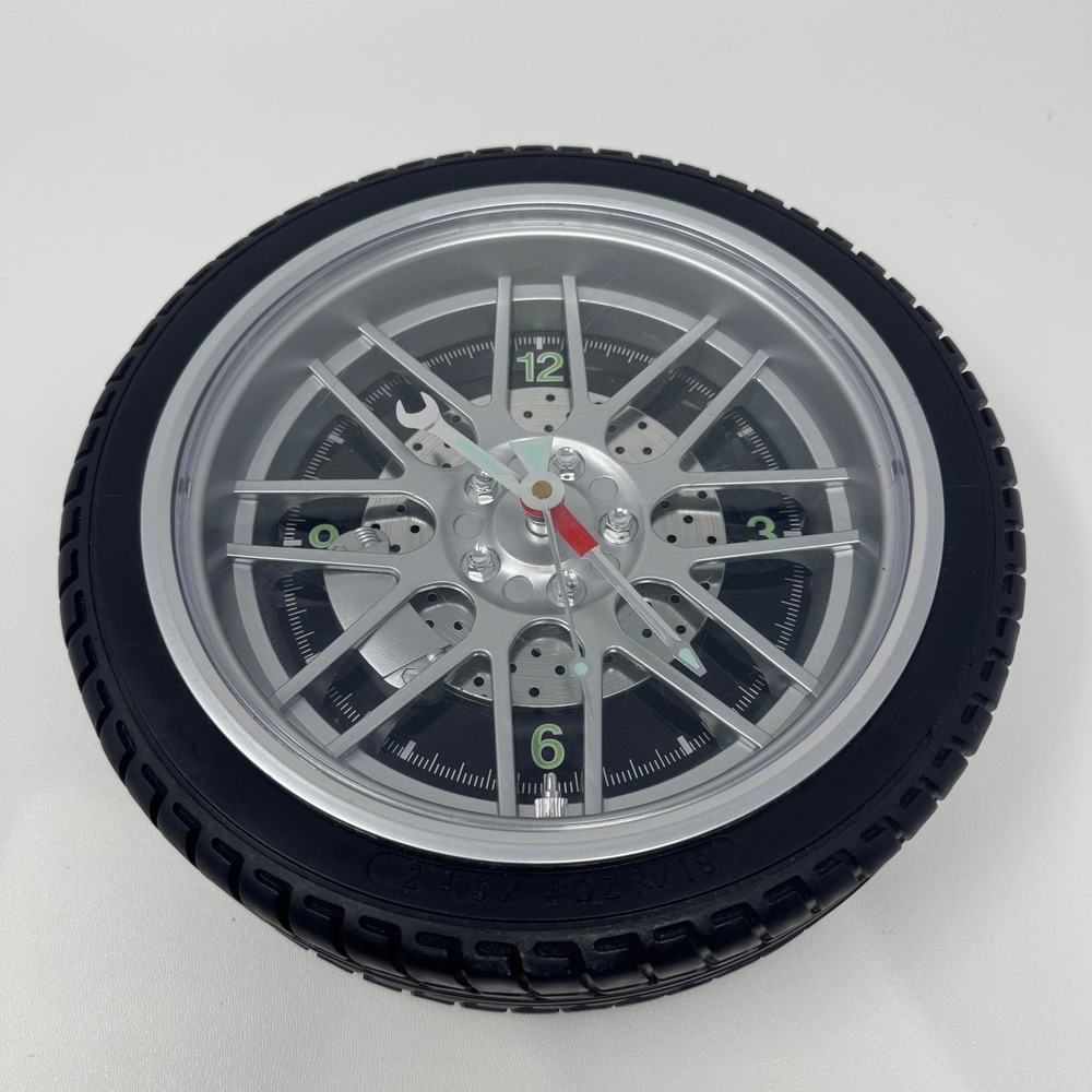 Tire Wheel Wall Clock Sterling & Noble Glow In The Dark Automotive Decor Black